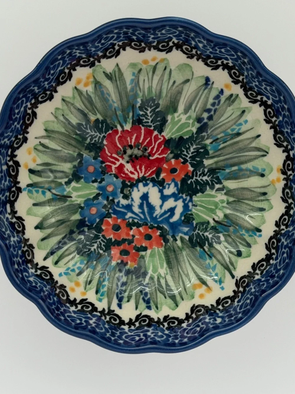 Polish Pottery Ceramika Artystyczna UNIKAT-3286 Small Scalloped Bowl w/Flowers